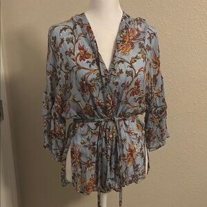 Zara woman blue and Orange Floral Tie Front Blouse with 3/4 ruffle Sleeves